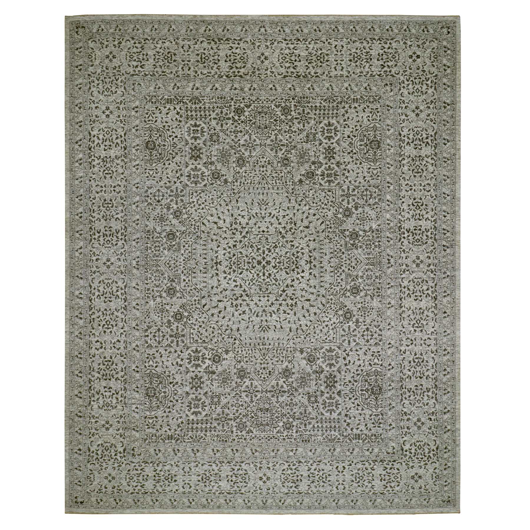 12'1"x15'4" Heron White, Mamluk Dynasty Design, Hand Knotted Undyed 100% Wool, Tone on Tone, Oversized Oriental Rug 